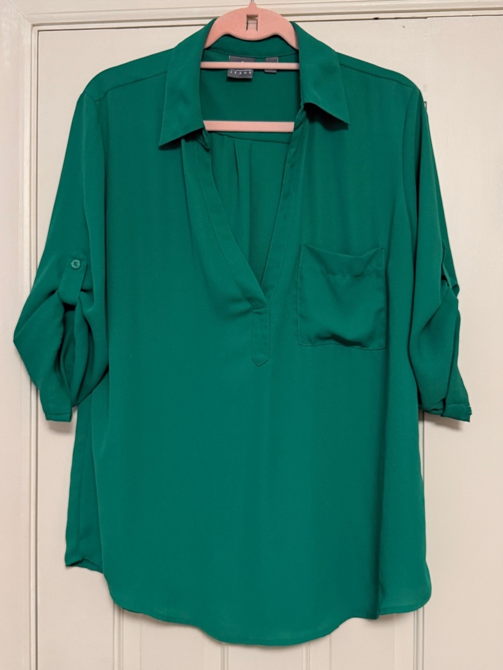 Soho Jeans NY&C Emerald Green Roll Tab Sleeve Tunic Blouse SIZE Large